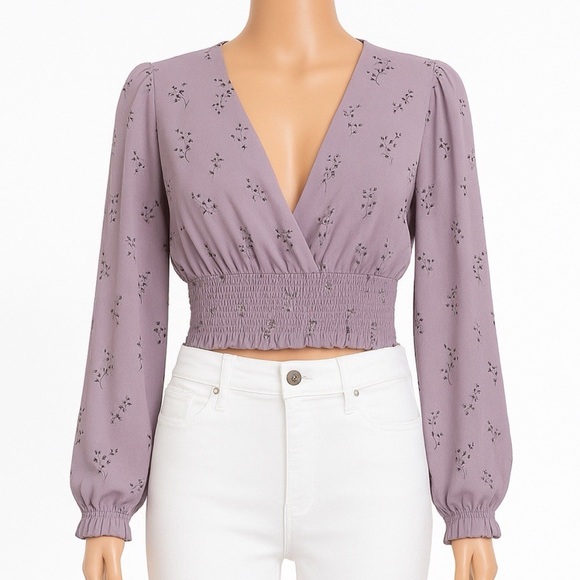 Love Tree Tops - Love Tree Cropped Long Sleeve Purple Floral Blouse